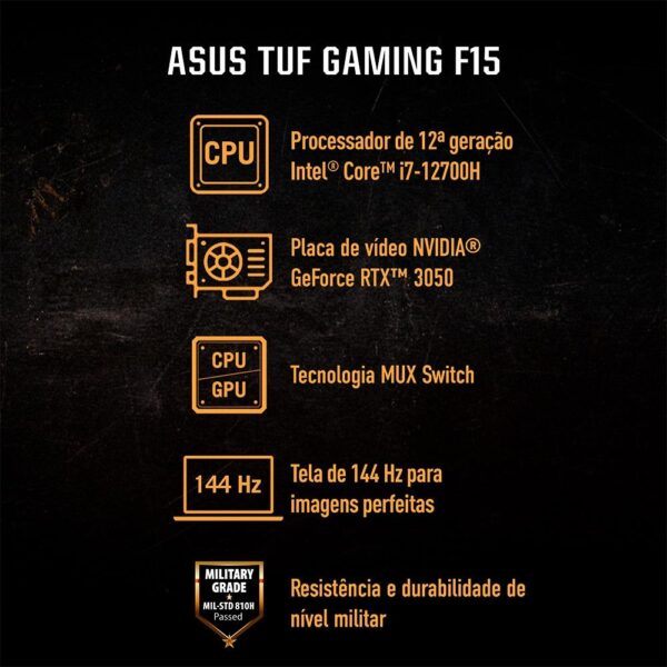 Notebook Gamer ASUS TUF Intel Core i7-12700H, 8GB RAM, GeForce RTX 3050, SSD 512GB, 15.6 Full HD 144Hz, KeepOS, Cinza - FX507ZC4-HN112 - Image 3